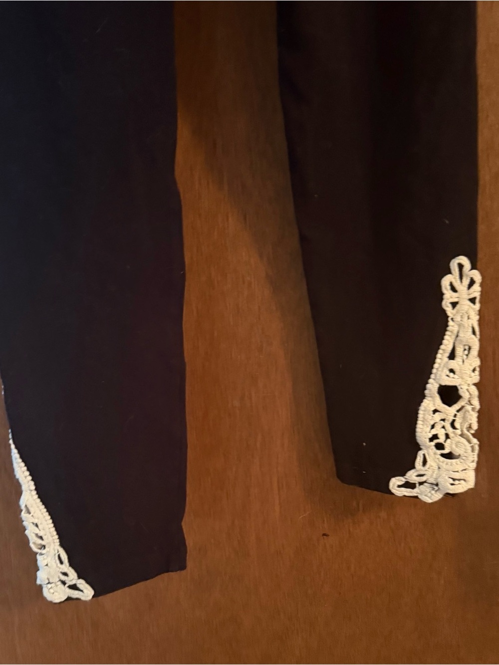 Black Leggings with White Crochet Trim - Stylish Ankle Detail